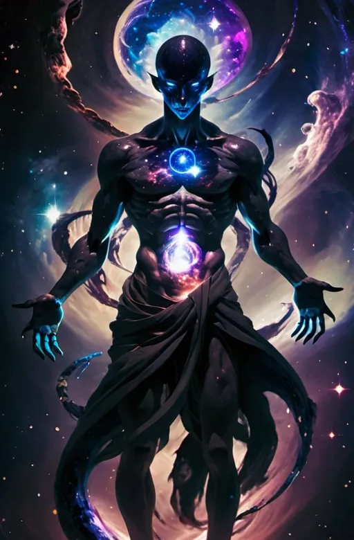 Prompt: Fantasy art. Full body of cosmic entity representing the emotion of terror and wonder.