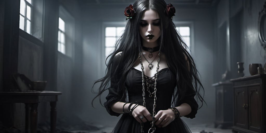 Prompt: Fantasy art. A long-haired goth girl is chained on the floor of an empty room. A black rose in her hair. Smoke and shades are all around. Low light.