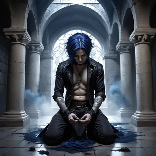 Prompt: Fantasy art. A goth man with dark blue hairs is on his knees on the floor of a crypt. From his body, many steam black clouds are released.