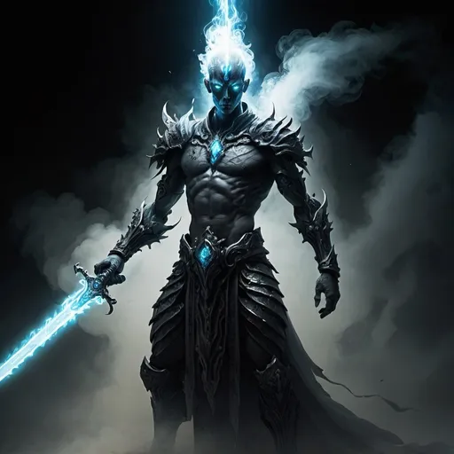 Prompt: A humanoid elemental controlling the darkness. A sword made of vapour in their hand.