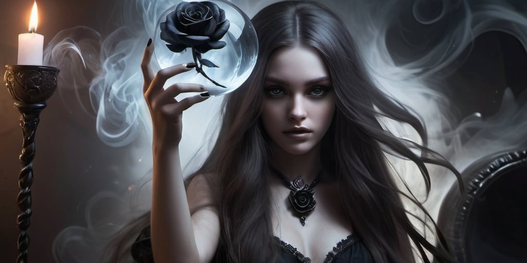 Prompt: Fantasy art. A long-haired girl with a black rose in her hair. A crystal sphere in her hand. Swirling dark black smoke inside the sphere.