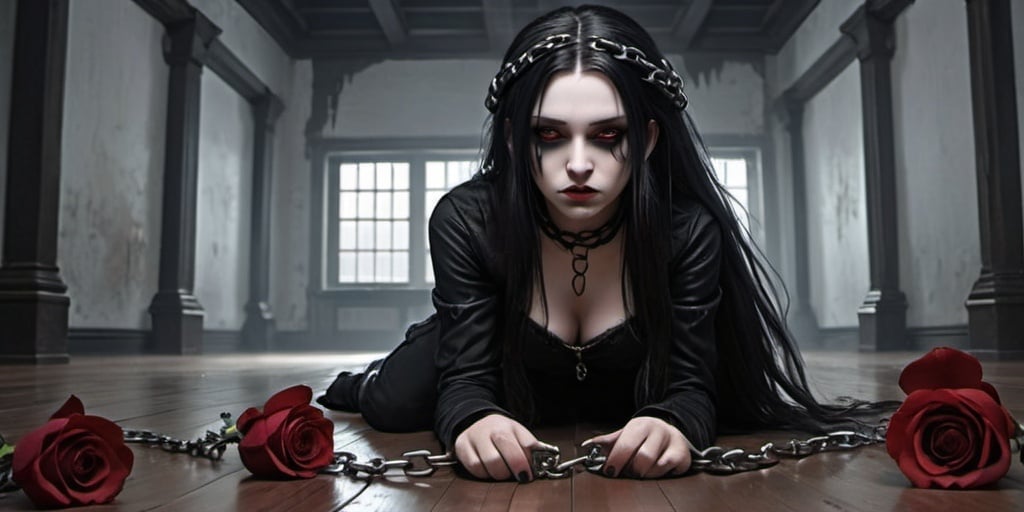 Prompt: Fantasy art. A long-haired goth girl is chained on the floor of an empty room. A dark rose in her hair.