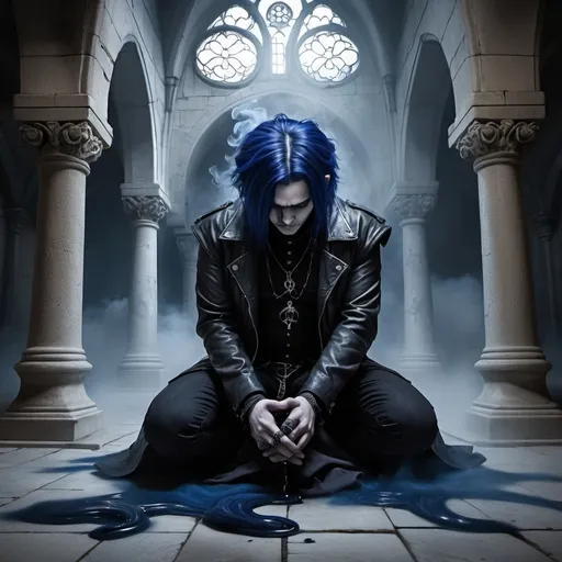 Prompt: Fantasy art. A goth man with dark blue hairs is on his knees on the floor of a crypt. Many dark clouds of vapour rise from his body. 