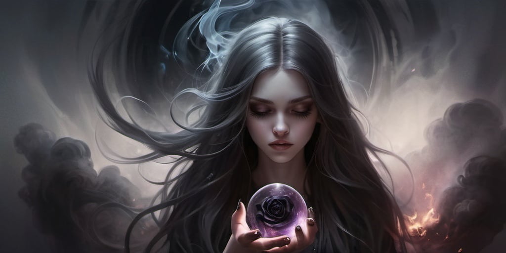 Prompt: Fantasy art. A long-haired girl with a dark rose in her hair. A crystal sphere in her hand. Swirling dark black smoke inside the sphere.