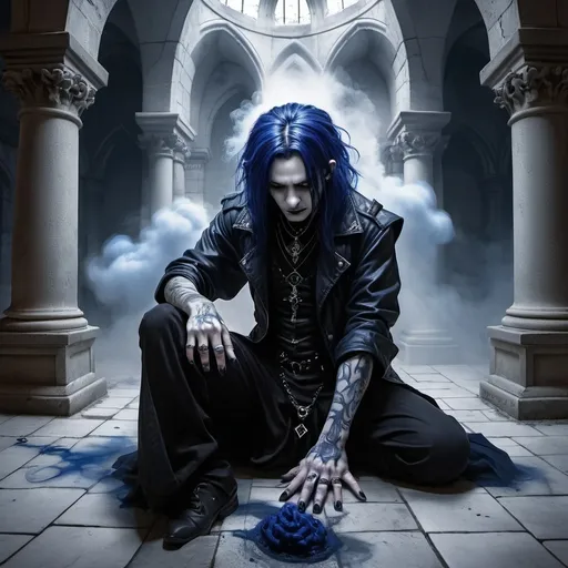 Prompt: Fantasy art. A goth man with dark blue hairs is on his knees on the floor of a crypt. Many dark clouds of vapour expand from all of his body making a black mist. 