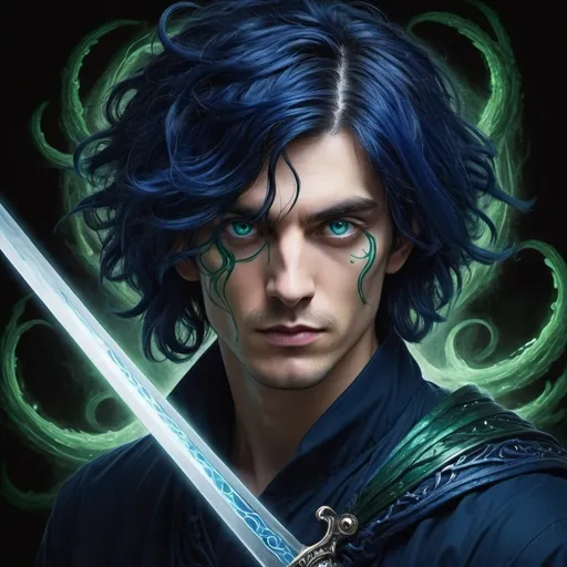 Prompt: create an image of a man with dark blue hair. His left eye is dark blue, his right eye is dark green. He should be completely enveloped in darkness and dark energy. He holds a sword made of darkness. Tendrils of dark energy emanate from it.