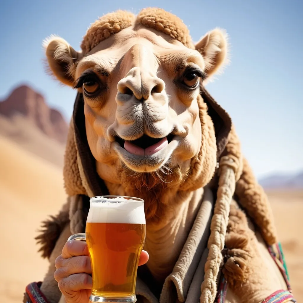 Prompt: camel JOE drinking a beer