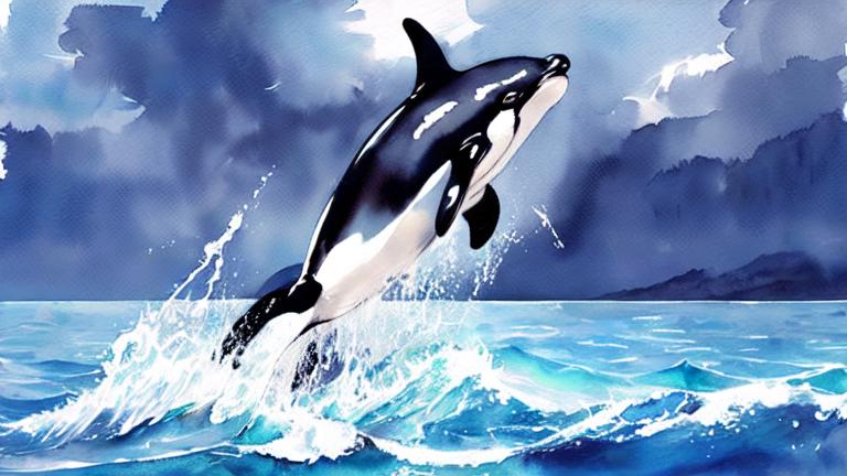 Prompt: orca leaping in the ocean, realistic watercolor painting, sunlit waves, detailed dolphin anatomy, high definition, vivid and vibrant, realistic art style, clear blue and turquoise tones, sun-drenched lighting, marine life, detailed water droplets, expertly crafted, graceful movement, watercolor, realistic, high definition, vibrant, clear tones, marine life, sunlit, sun-drenched lighting