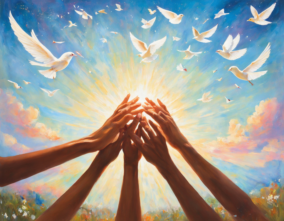 Prompt: (global peace concept painting), serene landscape, diverse hands joined together, colorful doves in flight, soft pastel colors, harmonious atmosphere, warm sunlight illuminating the scene, symbols of unity and collaboration, hope and companionship, expansive sky representing limitless possibilities, intricate details, (highly detailed), (masterpiece), captures the essence of tranquility and togetherness, inviting contemplation on global harmony.