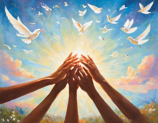 Prompt: (global peace concept painting), serene landscape, diverse hands joined together, colorful doves in flight, soft pastel colors, harmonious atmosphere, warm sunlight illuminating the scene, symbols of unity and collaboration, hope and companionship, expansive sky representing limitless possibilities, intricate details, (highly detailed), (masterpiece), captures the essence of tranquility and togetherness, inviting contemplation on global harmony.