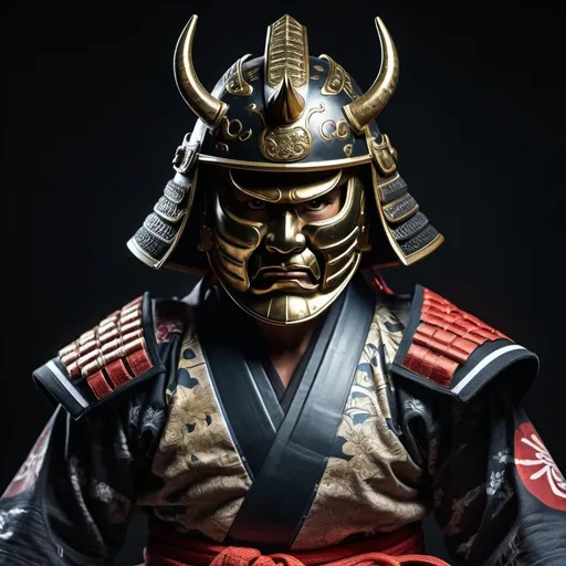 Prompt:  Samurai in (threatening posture), wearing (armored helmet and Mengu mask), clad in (Brazilian jiu-jitsu kimono), dark background, (low light atmosphere), intense and intimidating vibe, highly detailed features, intricate armor design, rich textures, realistic shadows, cinematic, (ultra-detailed), an aura of power and mystery, showcasing the fusion of cultures and martial prowess.