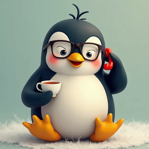Prompt: Creami un pinguino che ha gli occhiali e beve un te e parla al telefono 
