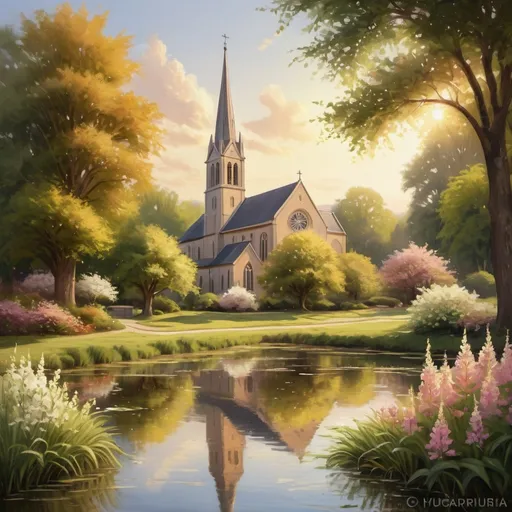 Prompt: High-quality, detailed digital illustration of a serene Lenten season scene, oil painting style, peaceful countryside setting, blooming flowers and lush greenery, gentle sunlight filtering through the trees, a tranquil pond with reflective water, distant church spire, warm earth tones, soft golden lighting, serene atmosphere, oil painting, peaceful, countryside, blooming flowers, tranquil pond, church spire, lush greenery, gentle sunlight, serene atmosphere, warm earth tones, detailed, high-quality