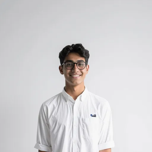Prompt: A young man stands confidently for a close-up photo against a simple, light-colored background that suggests an indoor setting. He wears glasses and a white button-up shirt adorned with subtle branding and designs, conveying a casual yet polished appearance. His expression is friendly, displaying a slight smile that invites engagement. The lighting is bright and clear, emphasizing the even tones of his skin and the crispness of his outfit. The overall mood of the image is approachable and warm, capturing a moment of self-assurance and style.