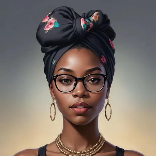 Prompt: Siri it’s a pro black young female misguided, but but courageous has a head wrap with retro glasses