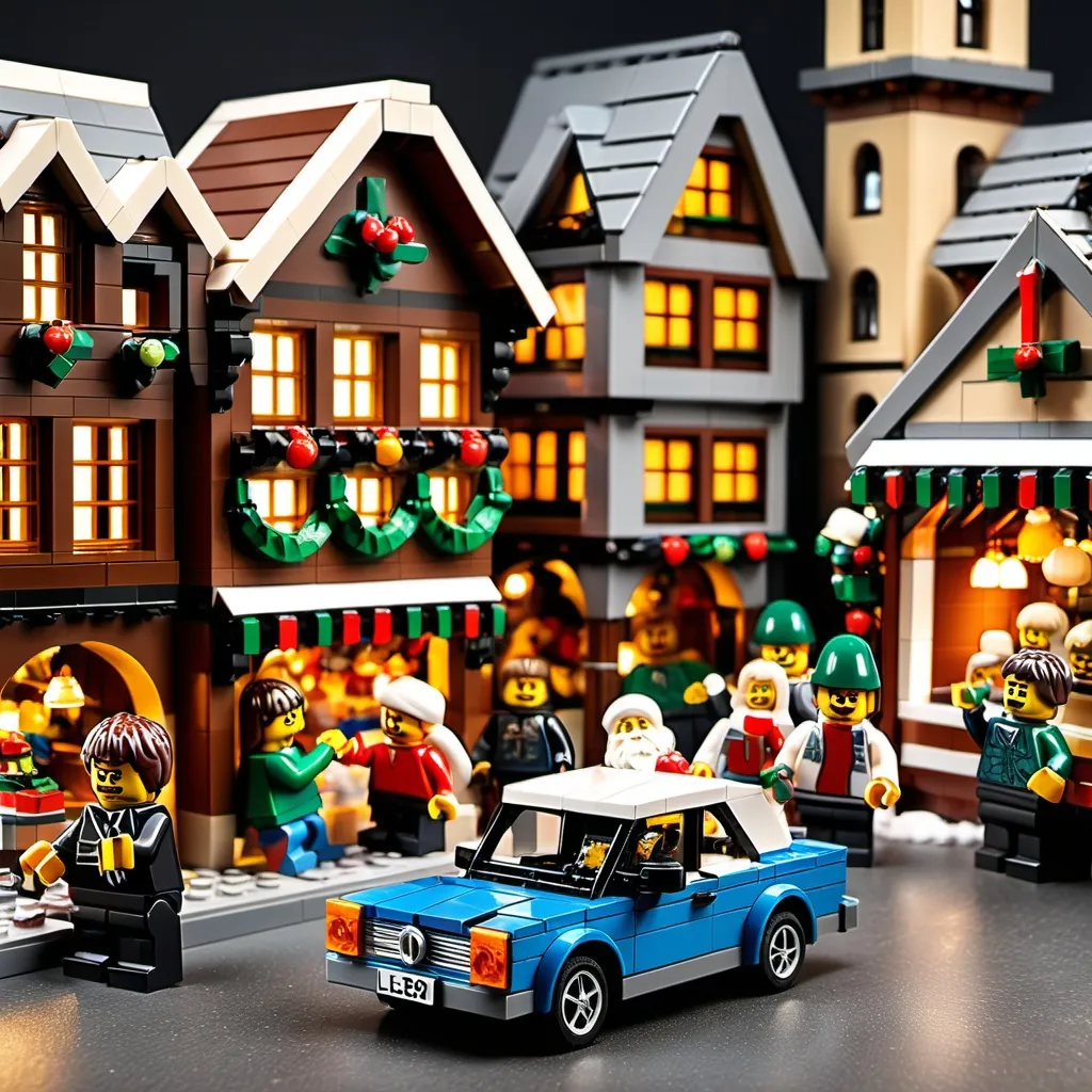 Prompt: Create a Lego set showing a car crashing into a German Christmas market.