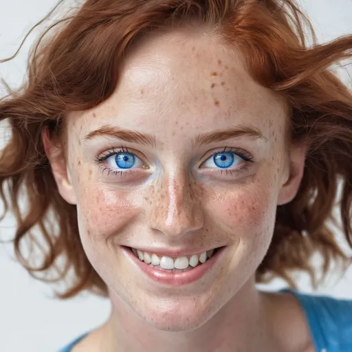 Prompt: a woman with freckled hair and blue eyes smiling at the camera with freckled hair and blue eyes, Elizabeth Polunin, superflat, blue eyes, a stock photo