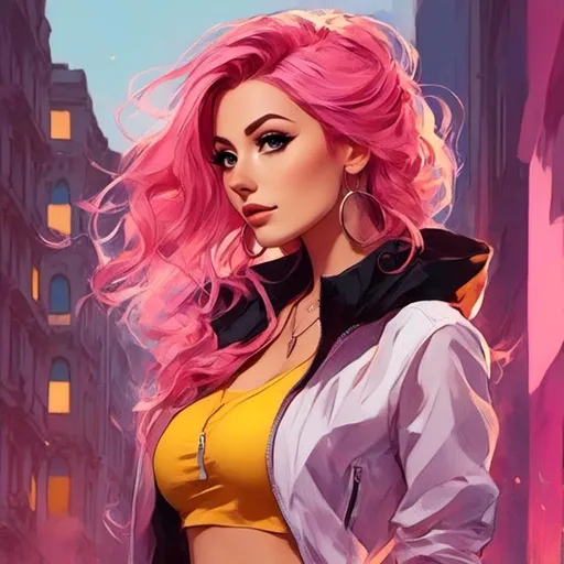 Prompt: <mymodel> Character Design Portrait, Illustration, GTA Anime Cartoon, Woman with Beautiful Eyes and Intricate Pink Yellow Ombre Braided Vibrant Curled Hair, Vibrant Black White Pink Yellow High Collar Mid Waist Track Jacket Halter Top, Intricately Designed Clothing, Character Design, Highly Detailed, Dynamix Pose, Evening City Background