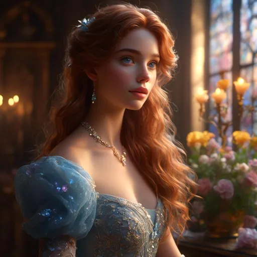 Prompt: <mymodel>Detailed animated character, cinderella with medium length viibrant hair and beautiful eyes,  magical, detailed hair, fairytale setting, best quality, highres, magical, detailed clothing, vibrant colors, atmospheric lighting, realistic hands, realistic features