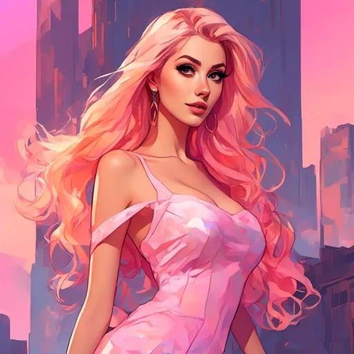 Prompt: <mymodel> Character Design Portrait, Illustration, GTA Disney Anime, Naturally Beautiful Barbie Girlfriend Woman with Glamorous Ombre Peach Yellow Hairstyle with Cascading Curled Hair, Intricately Designed Clothing, Sweetheart Cut Translucent Iridescent Dress, Character Design, Highly Detailed, Dynamix Pose, Natural Lighting, Bright Pastel Colors, Highrise Background