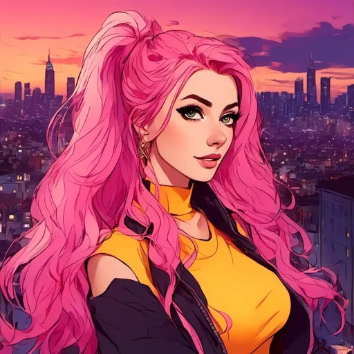 Prompt: <mymodel> Character Design Portrait, Illustration, GTA Anime Cartoon, Woman with Beautiful Eyes and Intricate Pink Yellow Ombre Braided Vibrant Curled Hair, Vibrant High Collar Mid Waist Track Jacket Halter Top, Intricately Designed Clothing, Character Design, Highly Detailed, Dynamix Pose, Evening City Background