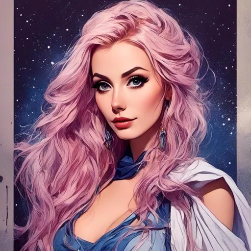 Prompt: <mymodel> <mymodel> Character Design Portrait, Illustration, 1985, Feminine Star Wars, Woman with Beautiful Eyes with Braided Vibrant Curled Indigo Hair, Indigo White Yellow and Feminine Jedi Robes and Boots, Intricately Designed Clothing, Character Design, Realistic Illustration, Highly Detailed