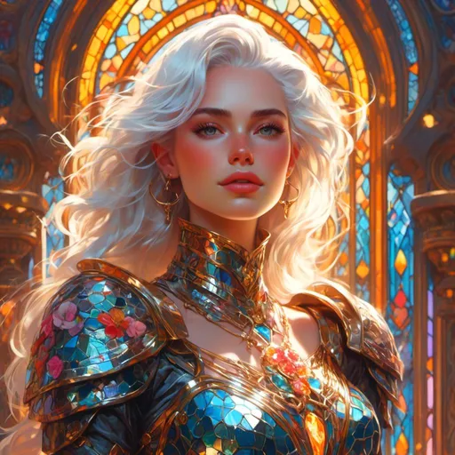 Prompt: <mymodel> a space outlaw with white hair wearing an elaborate sparkling sheer stained glass dress with a light stylish feminine breastplate armor, vibrant colors, floral energy