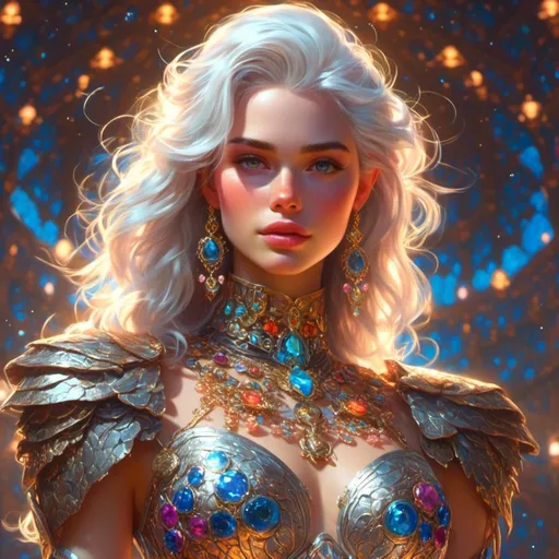 Prompt: <mymodel> a space outlaw with white hair wearing an elaborate sparkling sheer jeweled dress with a light stylish feminine breastplate armor, vibrant colors, floral energy