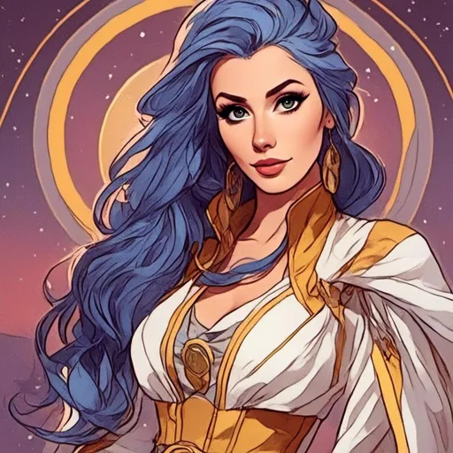 Prompt: <mymodel> Character Design Portrait, Illustration, 1985 GTA Cartoon, Feminine Star Wars, Woman with Beautiful Eyes with Braided Vibrant Curled Indigo Hair, Indigo White Yellow and Feminine Jedi Robes and Boots, Intricately Designed Clothing, Character Design, Realistic Illustration, Highly Detailed