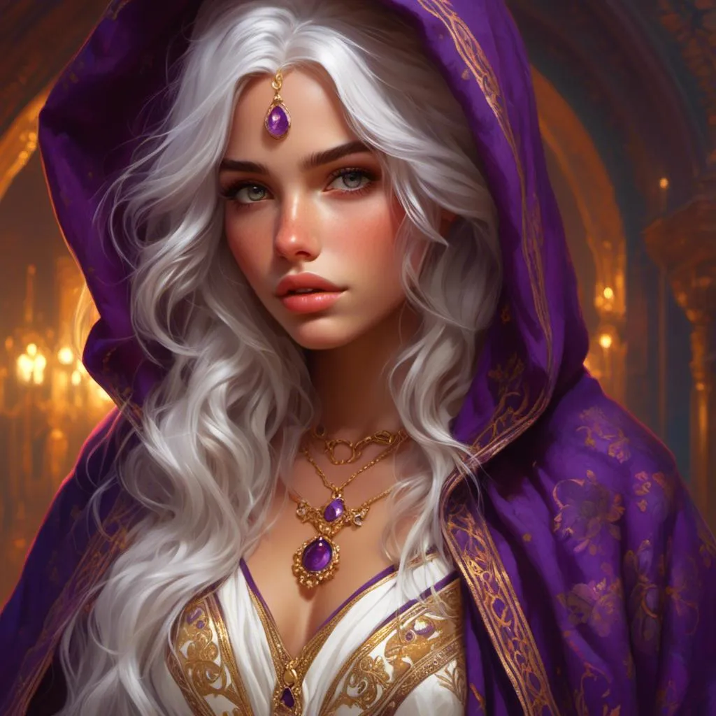 Prompt: <mymodel> a white haired woman with tanned skin and gorgeous eyes wearing a purple hooded cloak over an ornate white and gold  dress