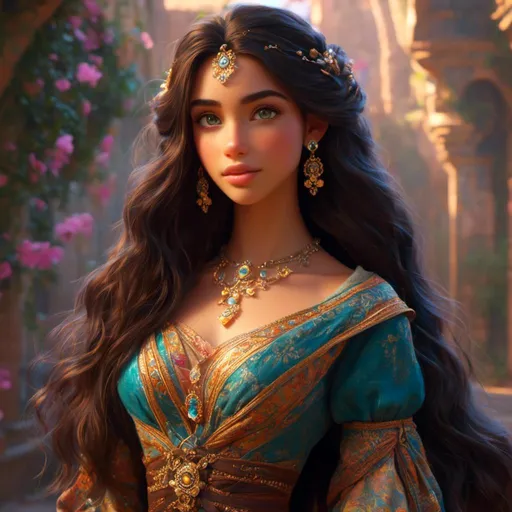 Prompt: <mymodel>Detailed animated character, jasmine with medium length viibrant hair and beautiful eyes,  magical, detailed hair, fairytale setting, best quality, highres, magical, detailed clothing, vibrant colors, atmospheric lighting, realistic hands, realistic features