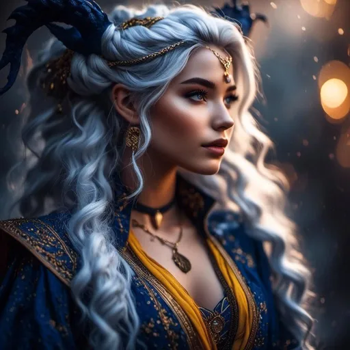 Prompt: <mymodel> Cinematic Photography, Perfect Lighting, Magical Atmosphere, Dragon Queen with Braided White Hair, Indigo and Yellow Dress, Intricately Designed Clothing, Fairytale Style