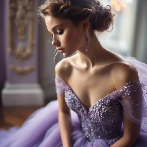 Prompt: <mymodel>Gorgeous woman bowing gracefully, strapless sparkling lavender ball gown, kind demeanor, cinematic photography, soft focus, romantic fantasy, elegant beauty, high quality, cinematic, soft focus, romantic, elegant, detailed dress, graceful pose, professional lighting