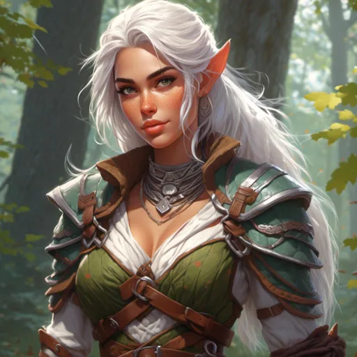 Prompt: <mymodel> dungeons and dragons fantasy art female ranger with white hair tanned skin beautiful face and gorgeous eyes, full body portrait, forest background