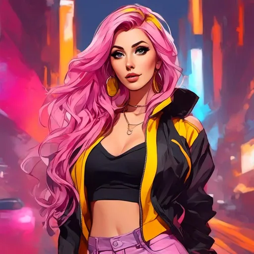 Prompt: <mymodel> Character Design Portrait, Illustration, GTA Anime Cartoon, Woman with Smokey Grey Eyes and Intricate Pink Yellow Ombre Braided Vibrant Curled Hair, Vibrant Black White Pink Yellow High Collar Mid Waist Track Jacket Halter Top and Skirt with High Heels, Intricately Designed Clothing, Character Design, Highly Detailed, Dynamix Pose, Evening Cyberpunk Background