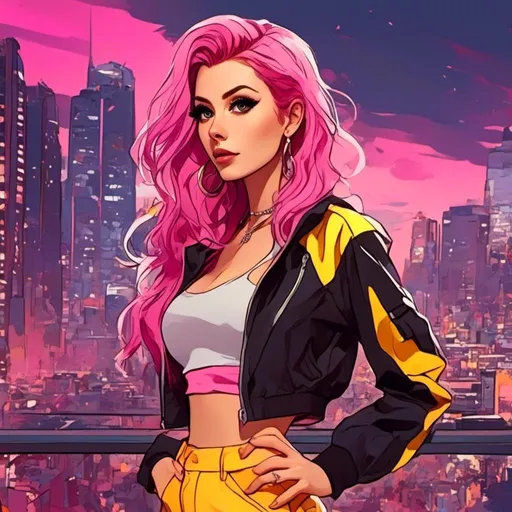 Prompt: <mymodel> Character Design Portrait, Illustration, GTA Anime Cartoon, Woman with Beautiful Realistic Smokey Grey Eyes and Intricate Pink Yellow Ombre Braided Vibrant Curled Hair, Vibrant Black White Pink Yellow High Collar Mid Waist Track Jacket Halter Top and Skirt with High Heels, Intricately Designed Clothing, Character Design, Highly Detailed, Dynamix Pose, Night City Background