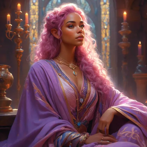 Prompt: <mymodel>Hyper-realistic wizard character, tan skin pastel hair lavender eyes, fantasy character art, illustration, dnd, detailed features, intricate robe, serene expression, mystical aura, high quality, professional, warm lighting, detailed anatomy, intricate background, vibrant color palette, fantasy, d&d, detailed eyes, mystical, professional lighting