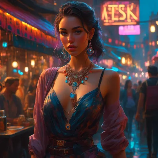 Prompt: <mymodel> Hyperrealistic Fictional Character, Upscale 4K, Incredibly Finite Details, Highly Detailed Cyberpunk Character, Woman wearing an Ornate Pendant and Deep V-Neck Shirt and a flattering skirt with thigh high silk stockings and high heel boots, Background is a dark evening cyberpunk city street bustling with vendors, Vibrant Neon Colors