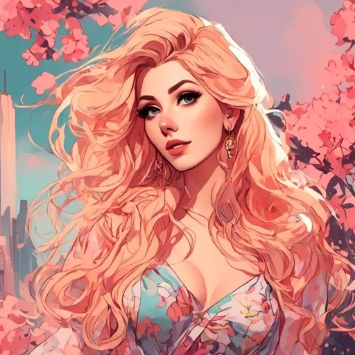 Prompt: <mymodel> Character Design Portrait, Illustration, GTA Disney Anime, Naturally Beautiful Woman with Glamorous Ombre Peach Yellow Hairstyle with Cascading Curled Hair, Intricately Designed Clothing, Sweetheart Cut Floral Dress,  simple gold jewelry, Character Design, Highly Detailed, Dynamix Pose, Natural Lighting, Bright Pastel Colors, Highrise Background