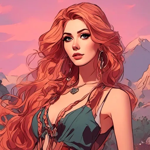 Prompt: <mymodel> Character Design Portrait, Illustration, GTA Disney Anime Cartoon, Wild West Woman Intricate Ombre Braided Curled Hair, Intricately Designed Clothing with high heels, Character Design, Highly Detailed, Dynamix Pose, Natural Colors