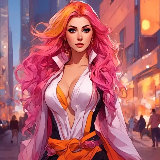 Prompt: <mymodel> Character Design Portrait, Illustration, GTA Anime Cartoon, Woman with Beautiful Eyes and Intricate Pink Yellow Ombre Braided Vibrant Curled Hair, Vibrant White Orange Yellow Jedi Knight Superheroine Robes and High Heel Boots, Intricately Designed Clothing, Character Design, Highly Detailed, Dynamix Pose, Evening City Background