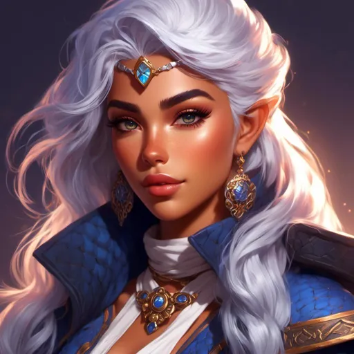 Prompt: <mymodel>  character design sheet, dungeons and dragons, dnd, d&d, woman with tanned skin gorgeous indigo white hair full lips, wearing elaborate rangers gear, vibrant colors, highly detailed,