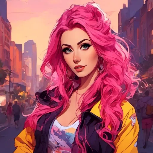 Prompt: <mymodel> Character Design Portrait, Illustration, GTA Anime Cartoon, Woman with Beautiful Eyes and Intricate Pink Yellow Ombre Braided Vibrant Curled Hair, Vibrant High Collar Mid Waist Track Jacket Halter Top, Intricately Designed Clothing, Character Design, Highly Detailed, Dynamix Pose, Evening City Background