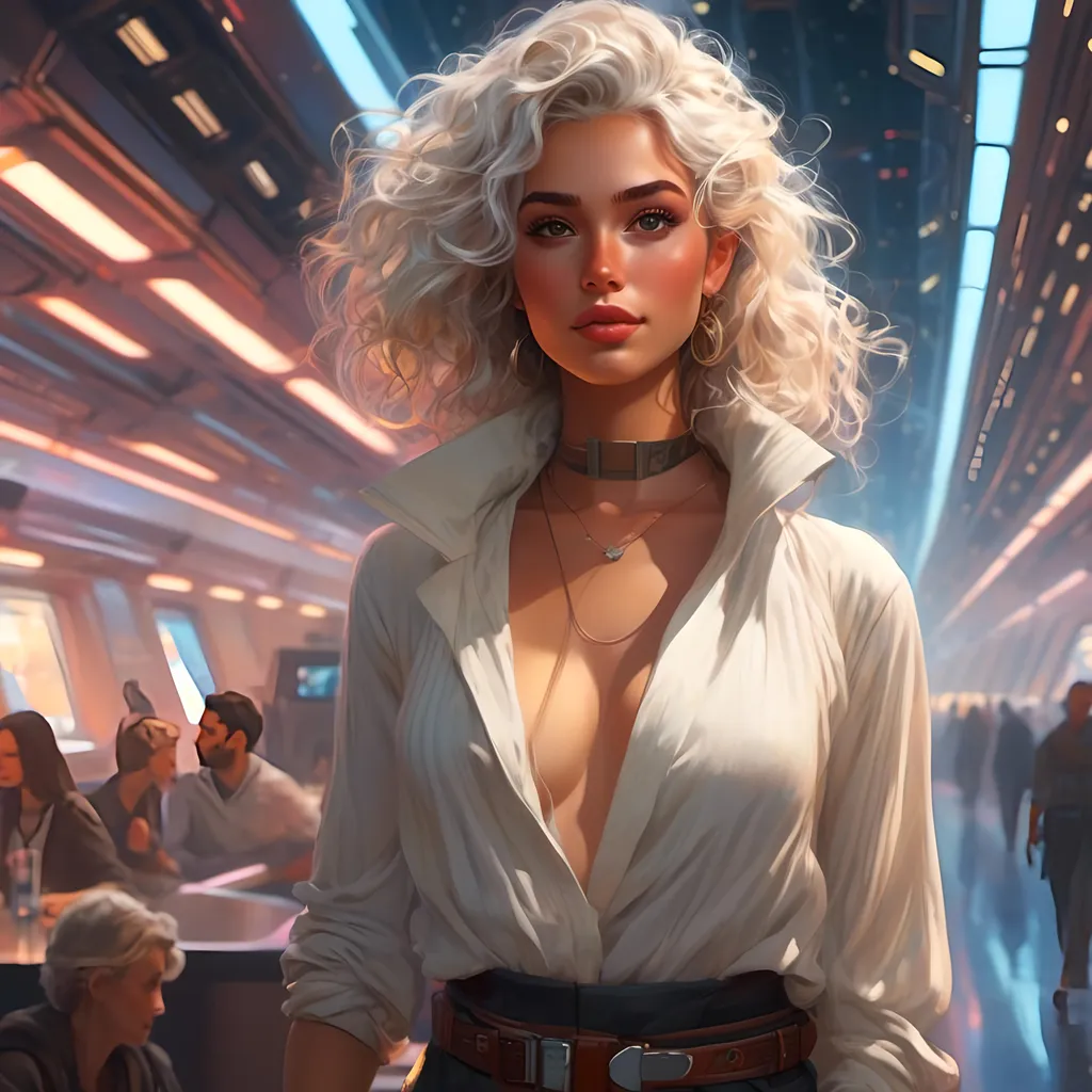 Prompt: <mymodel> Character Design Portrait, Illustration, GTA Disney Anime, Highly Detailed, Quality Design, Star Wars Jedi, Woman with White Hair in a Tousled Curly Ponytail, wearing heels Night Life on Starship, Futuristic,