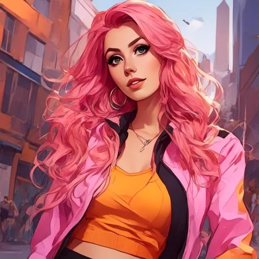 Prompt: <mymodel> Character Design Portrait, Illustration, GTA Anime Cartoon, Woman with Beautiful Eyes and Intricate Pink Yellow Ombre Braided Vibrant Curled Hair, Vibrant White Orange Yellow High Collar Mid Waist Track Jacket Halter Top, Intricately Designed Clothing, Character Design, Highly Detailed, Dynamix Pose, Evening City Background