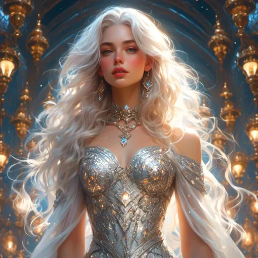 Prompt: <mymodel> space outlaw with gorgeous white hair wearing an elaborate sparkling sheer dress with a light stylish feminine breastplate armor