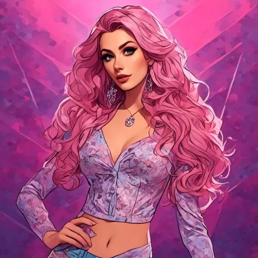 Prompt: <mymodel> Character Design Portrait, Illustration, GTA Disney, Woman Intricate Ombre Braided Curled Hair, Glittering CanCan Outfit with High Heels, Intricately Designed Clothing, Character Design, Highly Detailed, Dynamix Pose