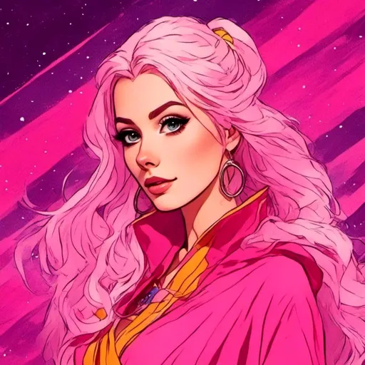 Prompt: <mymodel> <mymodel> Character Design Portrait, Illustration, 1985 GTA Anime Cartoon, Woman with Beautiful Eyes and White Pink Yellow Braided Vibrant Curled Hair, Vibrant Jedi Robes and High Heel Boots, Intricately Designed Clothing, Character Design, Highly Detailed