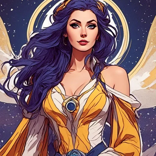 Prompt: <mymodel> <mymodel> Character Design Portrait, Illustration, 1985, Feminine Star Wars, Woman with Beautiful Eyes with Braided Vibrant Curled Indigo Hair, Indigo White Yellow and Feminine Jedi Robes and Boots, Intricately Designed Clothing, Character Design, Realistic Illustration, Highly Detailed