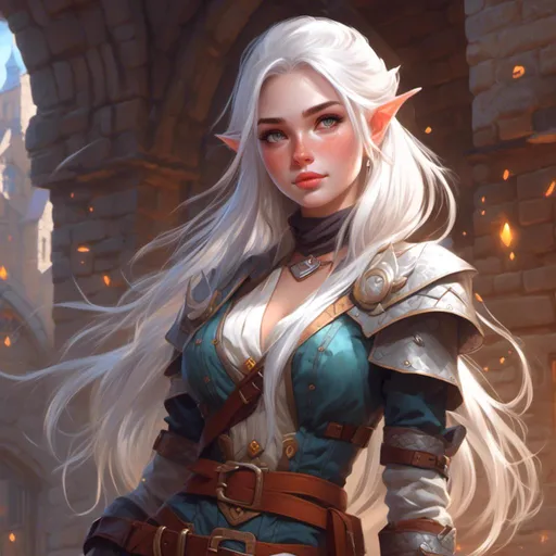 Prompt: <mymodel> dungeons and dragons fantasy art female artificer with white hair adorable face and gorgeous eyes